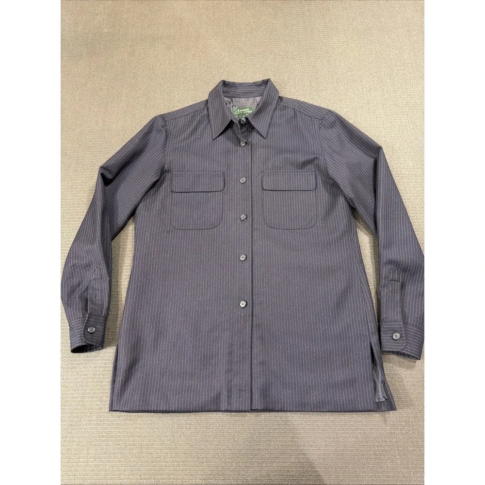 Lauren Ralph Lauren 100% Wool Shirt Jacket Button Lined Pinstripe Blue Women 10‎